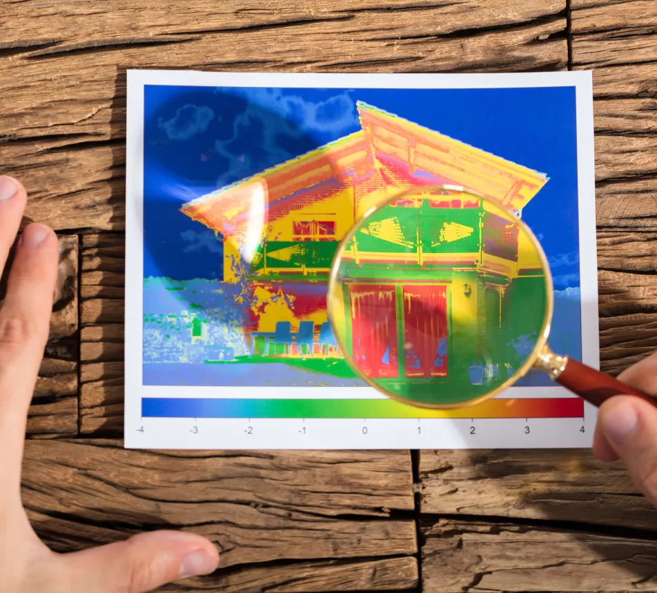 Thermal image of a house on wood, hands holding a magnifying glass.