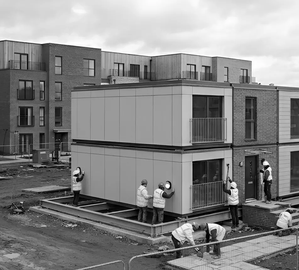 Construction workers assemble modular houses on a building site.