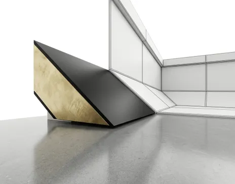 Geometric sculpture in modern interior with reflective floors.