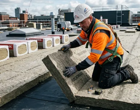 Worker installing roofing insulation, cityscape behind.