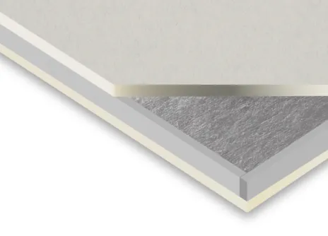 Cross-section of an insulated panel with layers of material.