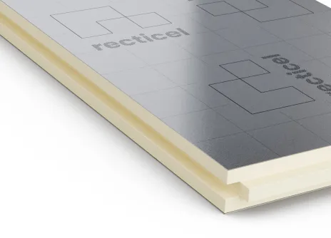 Silver insulation board with a grid pattern and beige edges.