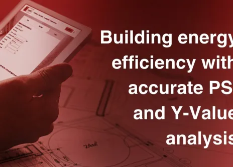 Tablet on architectural plans with text about energy efficiency analysis.