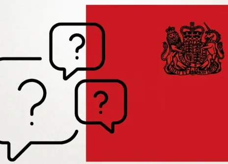 Speech bubbles with question marks on red insignia background.