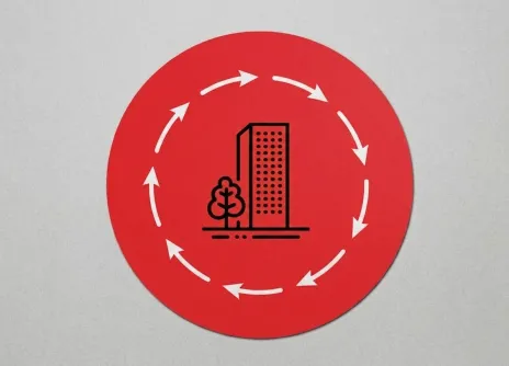 Red circular graphic with a building, tree, and surrounding arrows.