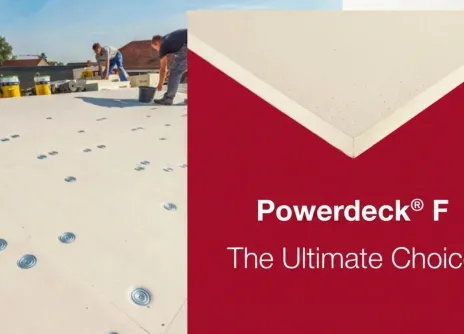 Rooftop construction with Powerdeck F branding on the right.