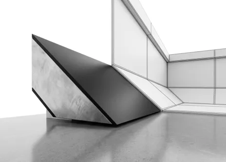 Sleek modern sculpture in minimalist gallery space, monochrome tones.