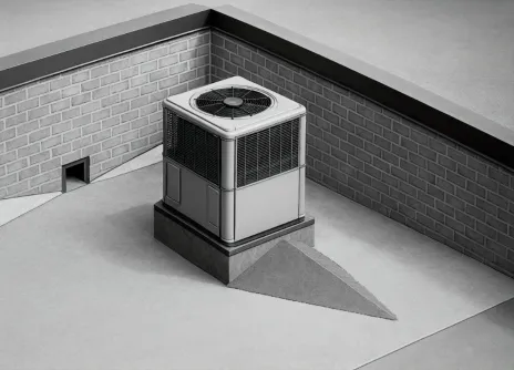 Rooftop air conditioning unit in a walled corner, casting a shadow.