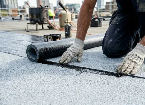 Roofer installing waterproof membrane on a flat roof.