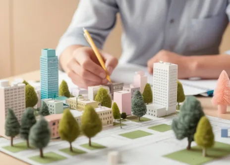 Architect drawing on city model with trees, buildings, and a blue skyscraper.