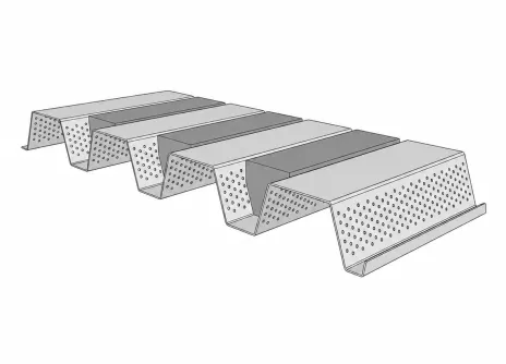 Corrugated metal sheet with perforated sections, grey and white.